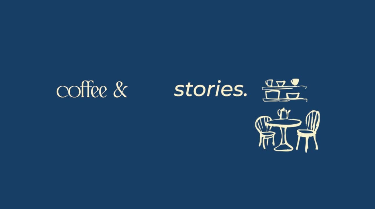 Navy banner reading “coffee & stories” with a small café illustration