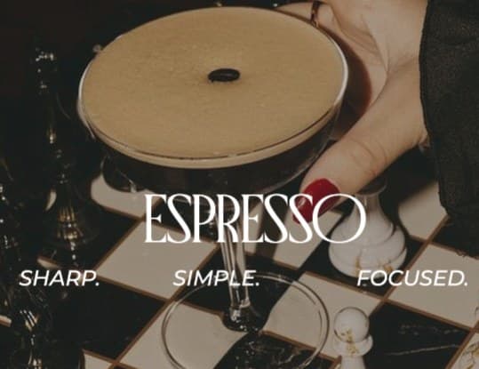 Social post: espresso martini, “sharp. simple. focused.”