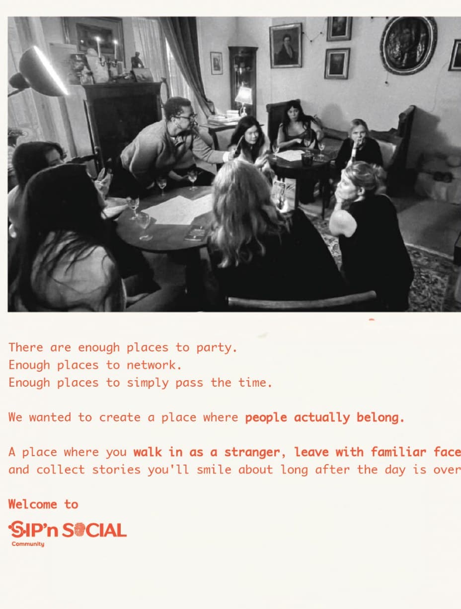 A Sip & Social post: friends talking around a table in a drawing room, over the line “We wanted to create a place where people actually belong.”