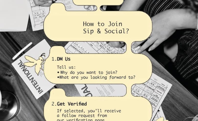 A Sip & Social post, “How to join Sip & Social?”: DM us, then get verified, on a cream card over a table of papers