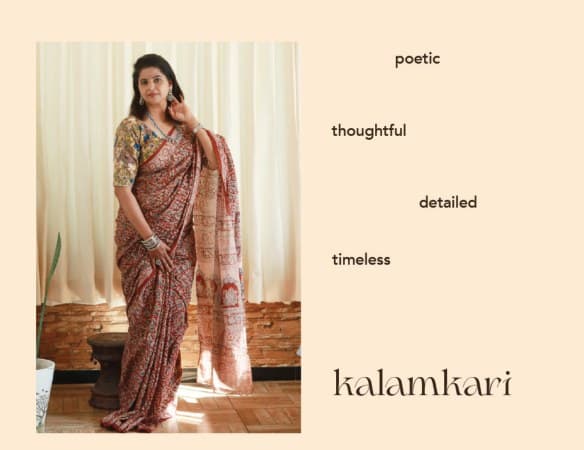 A woman in a kalamkari sari, beside the words poetic, thoughtful, detailed, timeless and “kalamkari”