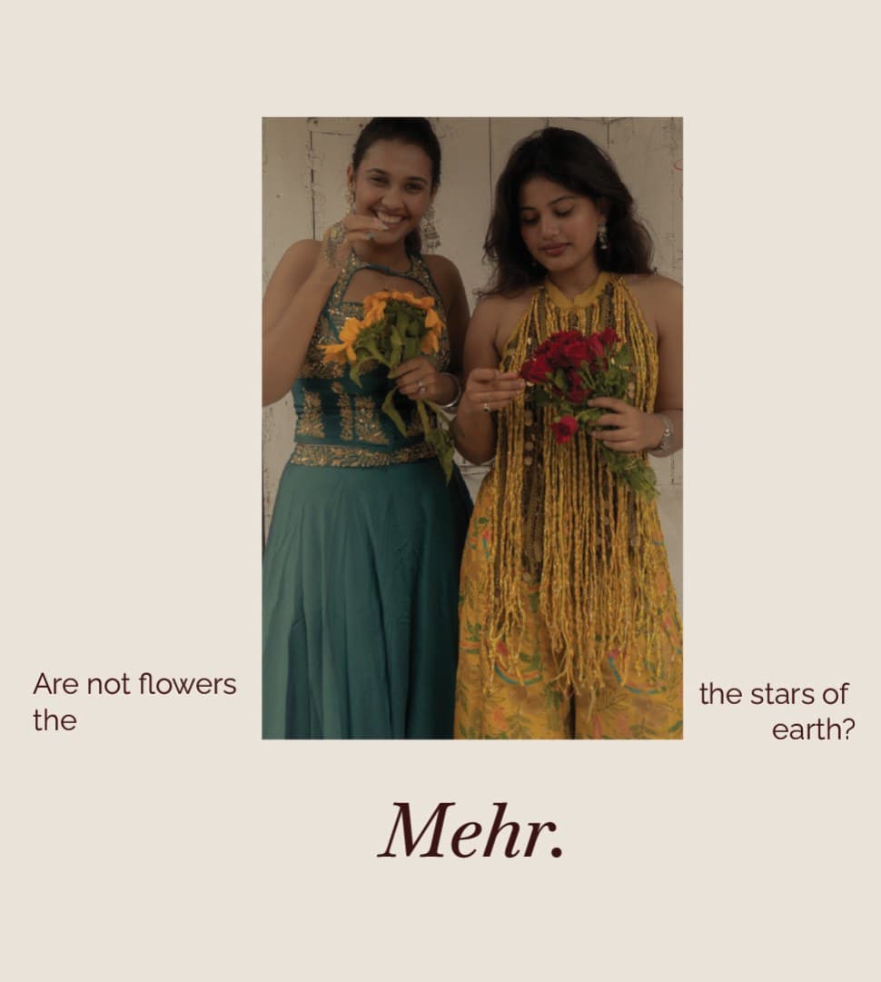 A Mehr card: the two women with sunflowers and roses, between the lines “Are not flowers the stars of earth?”