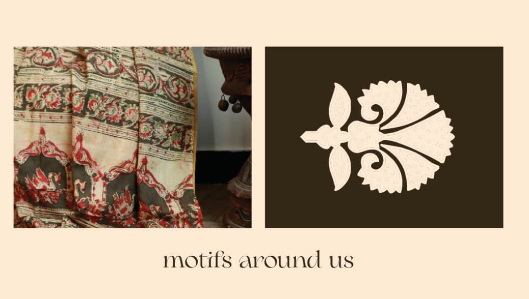 An Indikalakriti post, “motifs around us”: a block-printed textile beside its flower motif in cream on brown