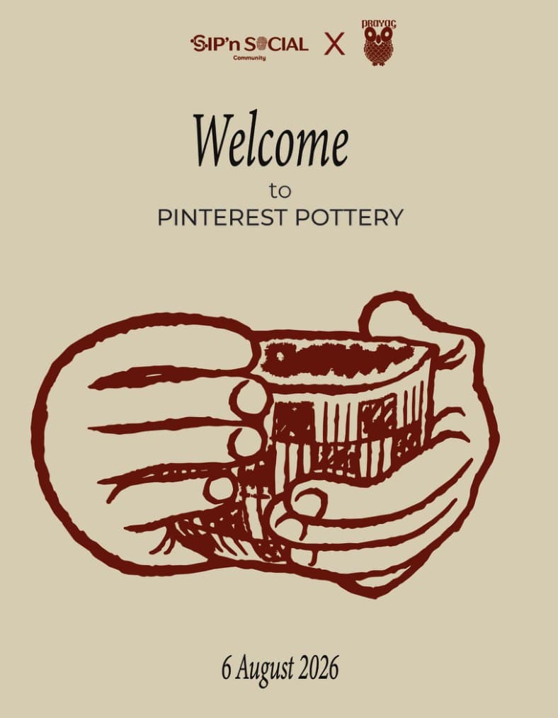 A card welcoming guests to Pinterest Pottery, with hands around a cup drawn in oxblood, dated 6 August 2026