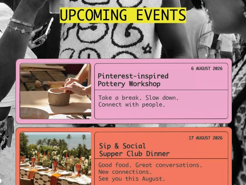 A Sip & Social “upcoming events” post: a Pinterest-inspired pottery workshop and a supper club dinner, on pink and coral cards