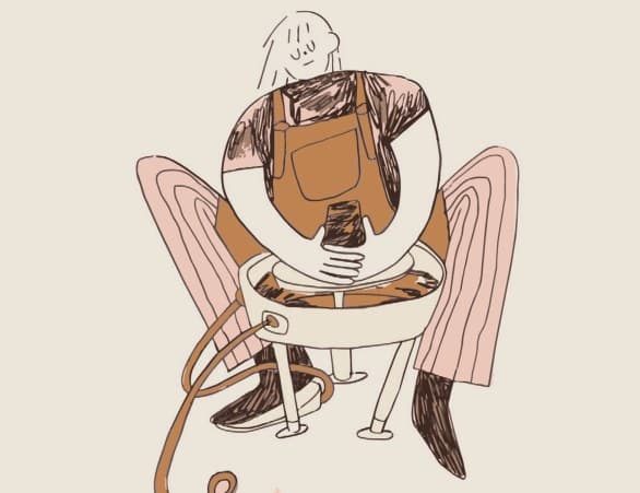 An illustration of a potter at the wheel, seen from above