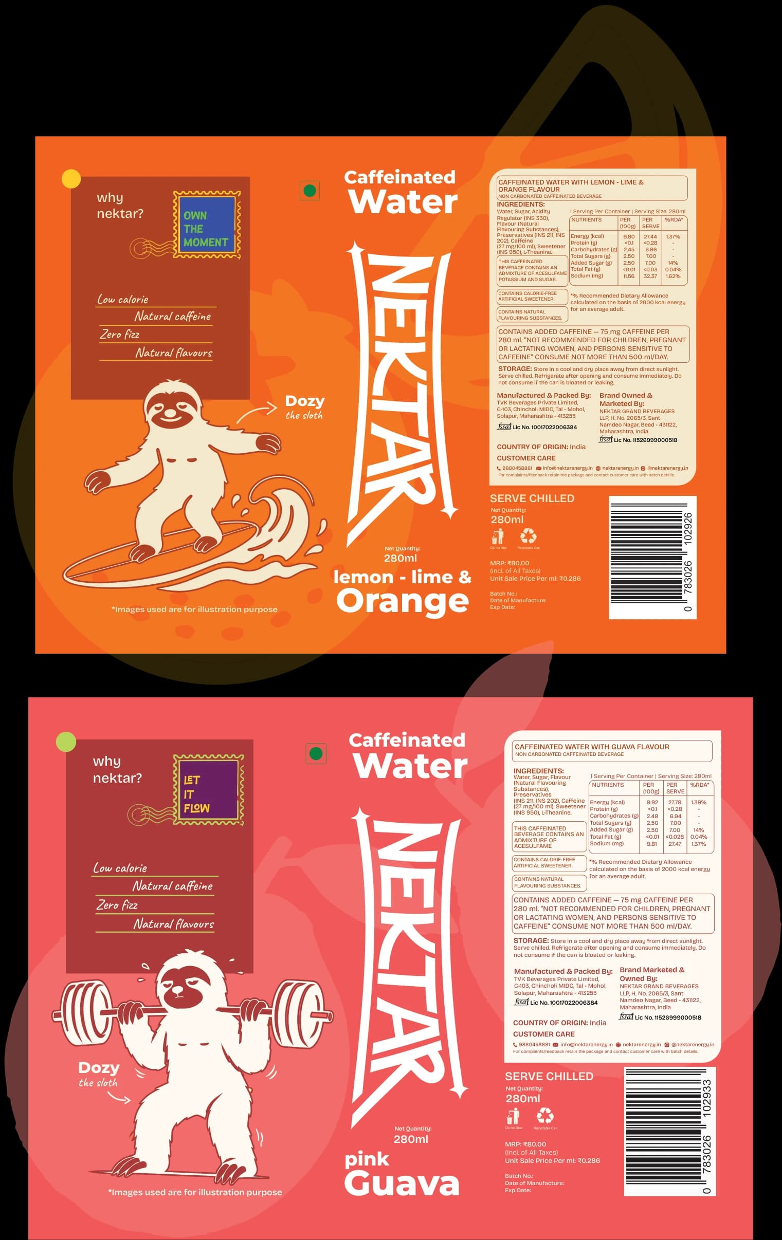 The flat can labels for lemon-lime & orange and pink guava, with Dozy the sloth surfing on one and lifting weights on the other