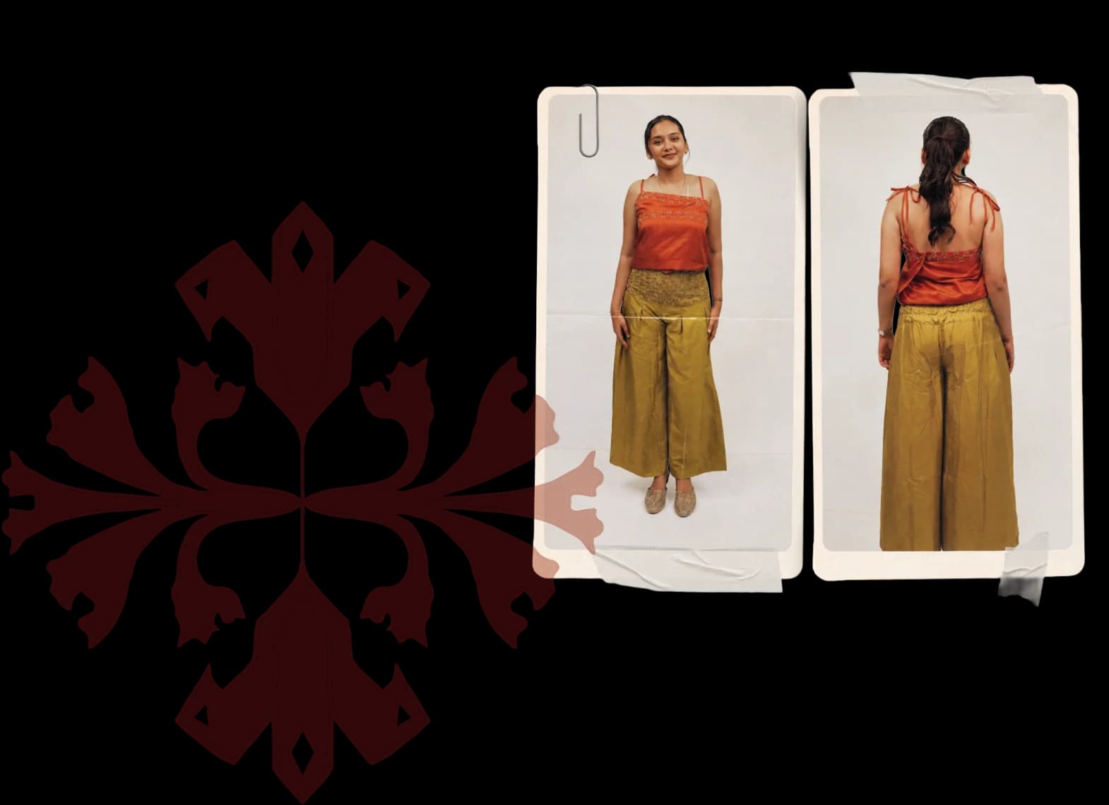 A blush floral motif beside two taped-up photos of a model in an orange top and olive trousers, front and back