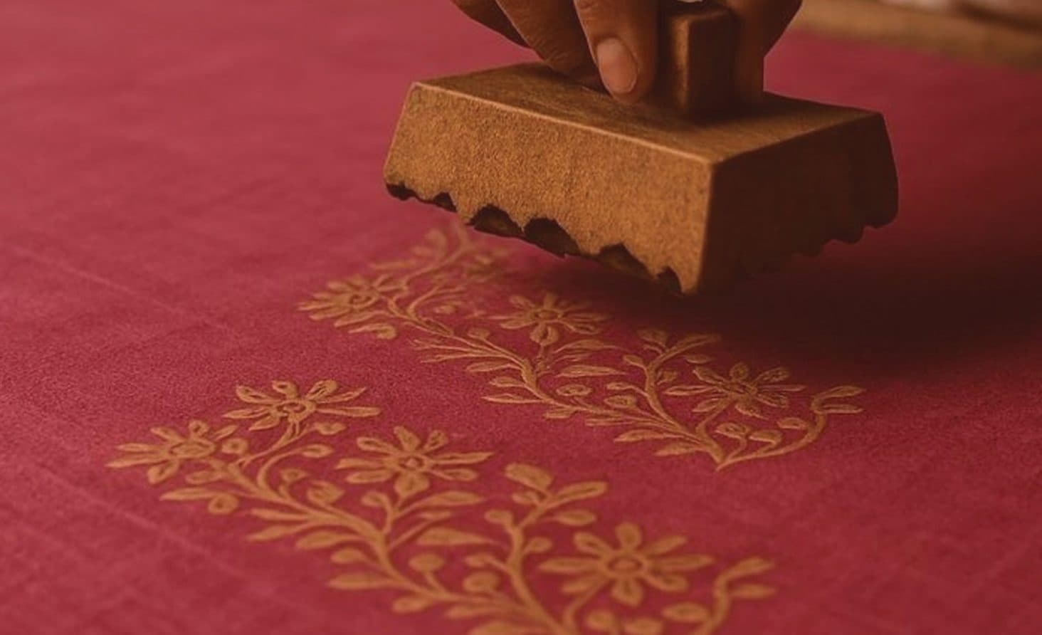A wooden block stamping a gold floral print onto red cloth
