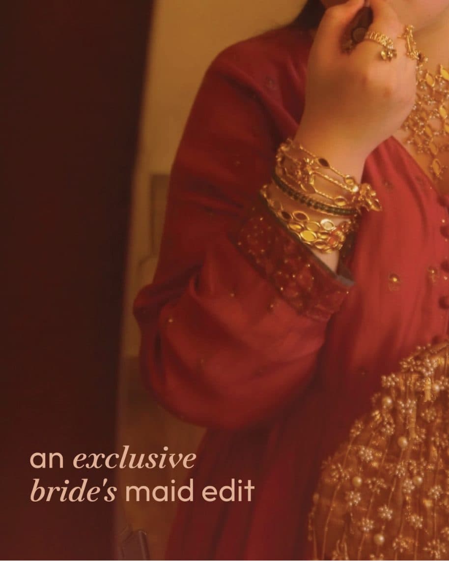 Social post “an exclusive bride’s maid edit” over a red embroidered sleeve and gold bangles