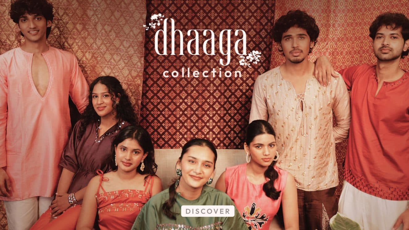 Web banner for the Dhaaga collection: the cast before a patterned hanging