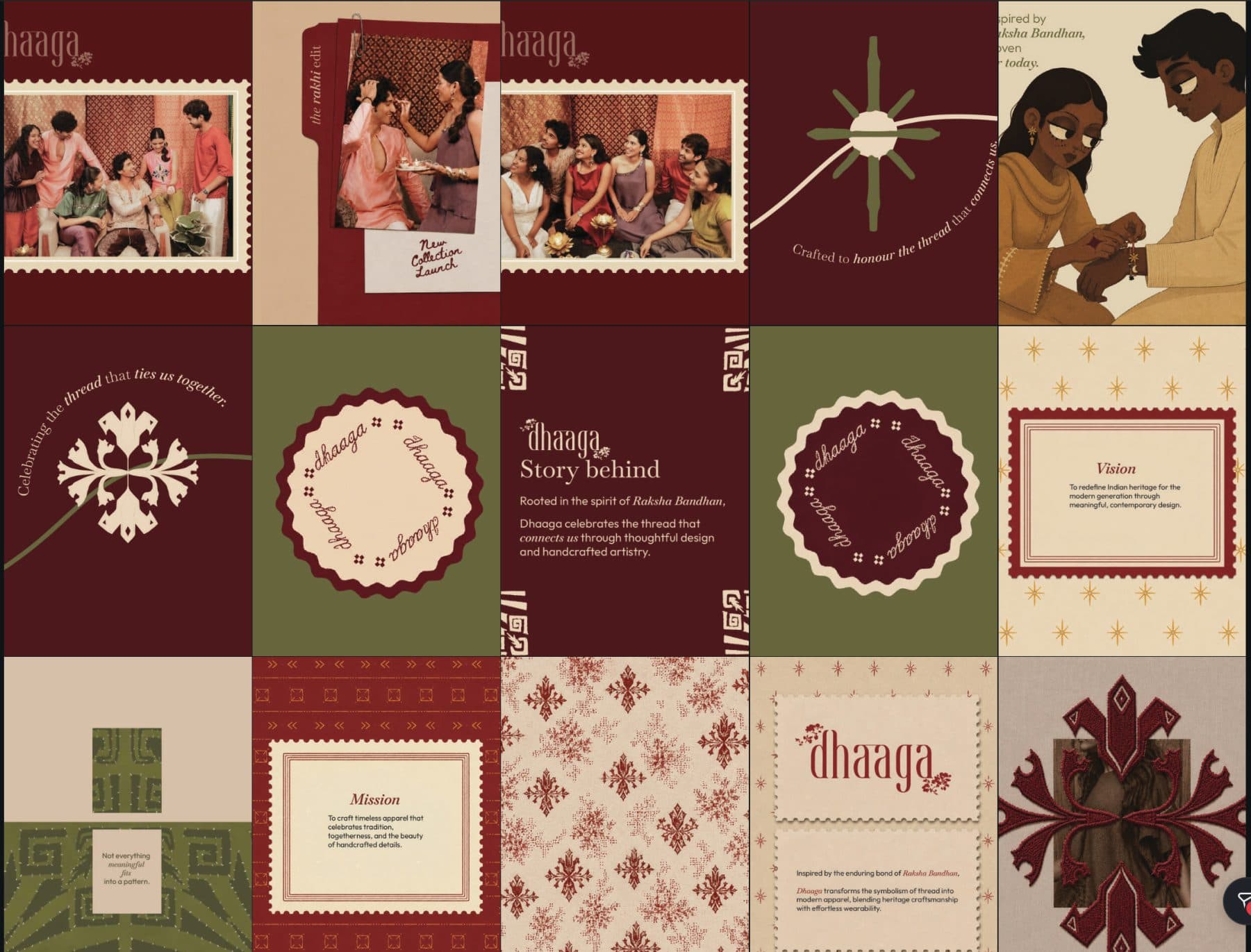 The Dhaaga Instagram grid in maroon, olive and cream: stamps, rakhi illustrations, and the collection’s story, vision and mission