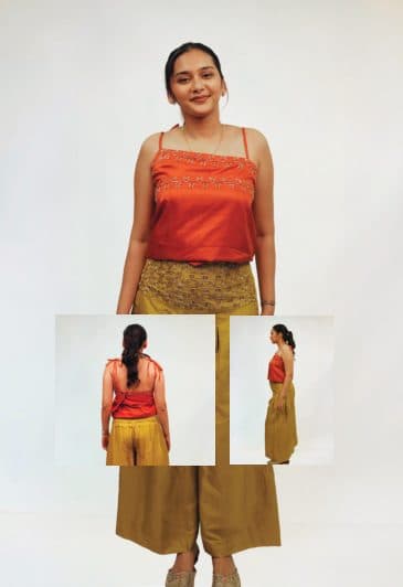 Dhaaga lookbook page: an orange top and olive trousers