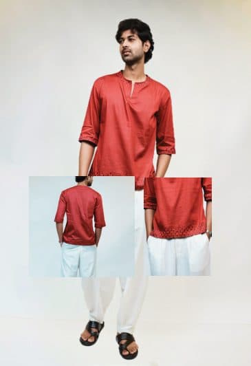 Dhaaga lookbook page: a red kurta and white trousers