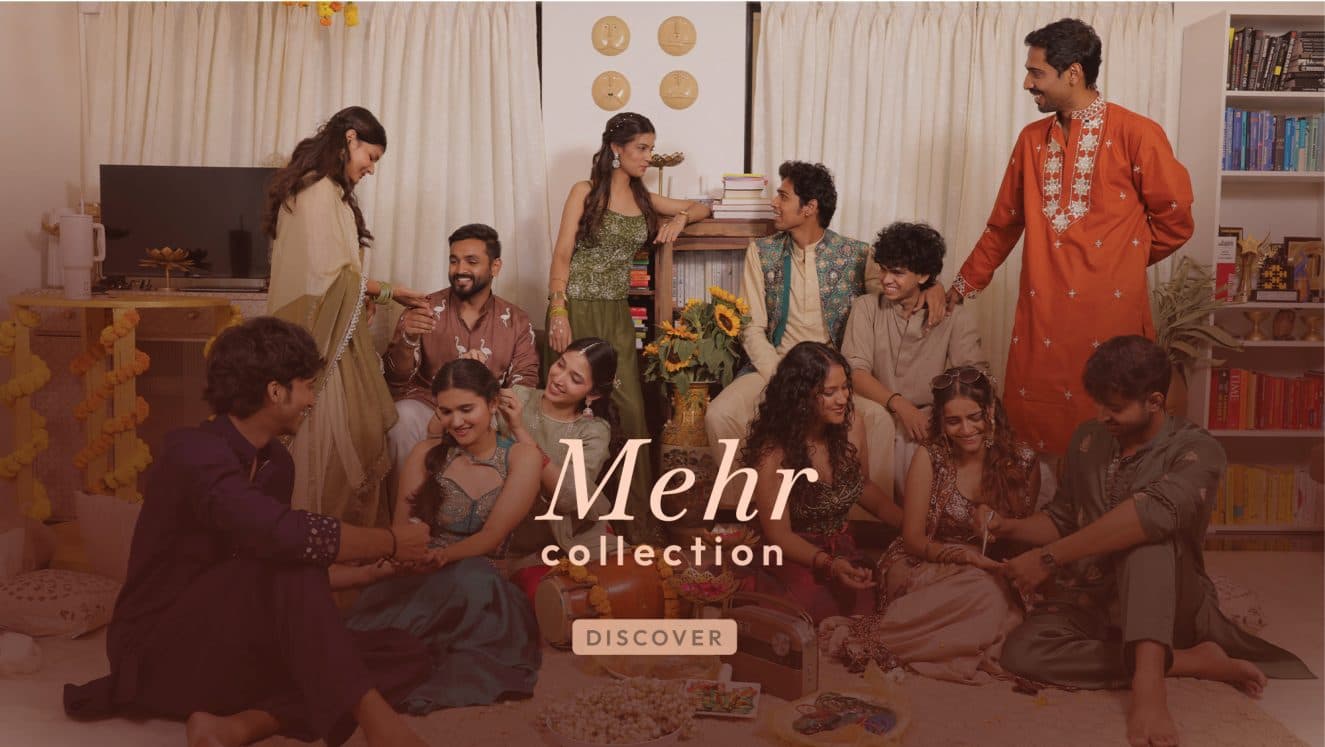 Web banner for the Mehr collection: friends gathered on the floor