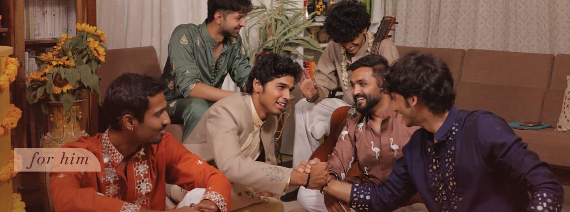 Web banner “for him”: a group of men in kurtas greeting each other