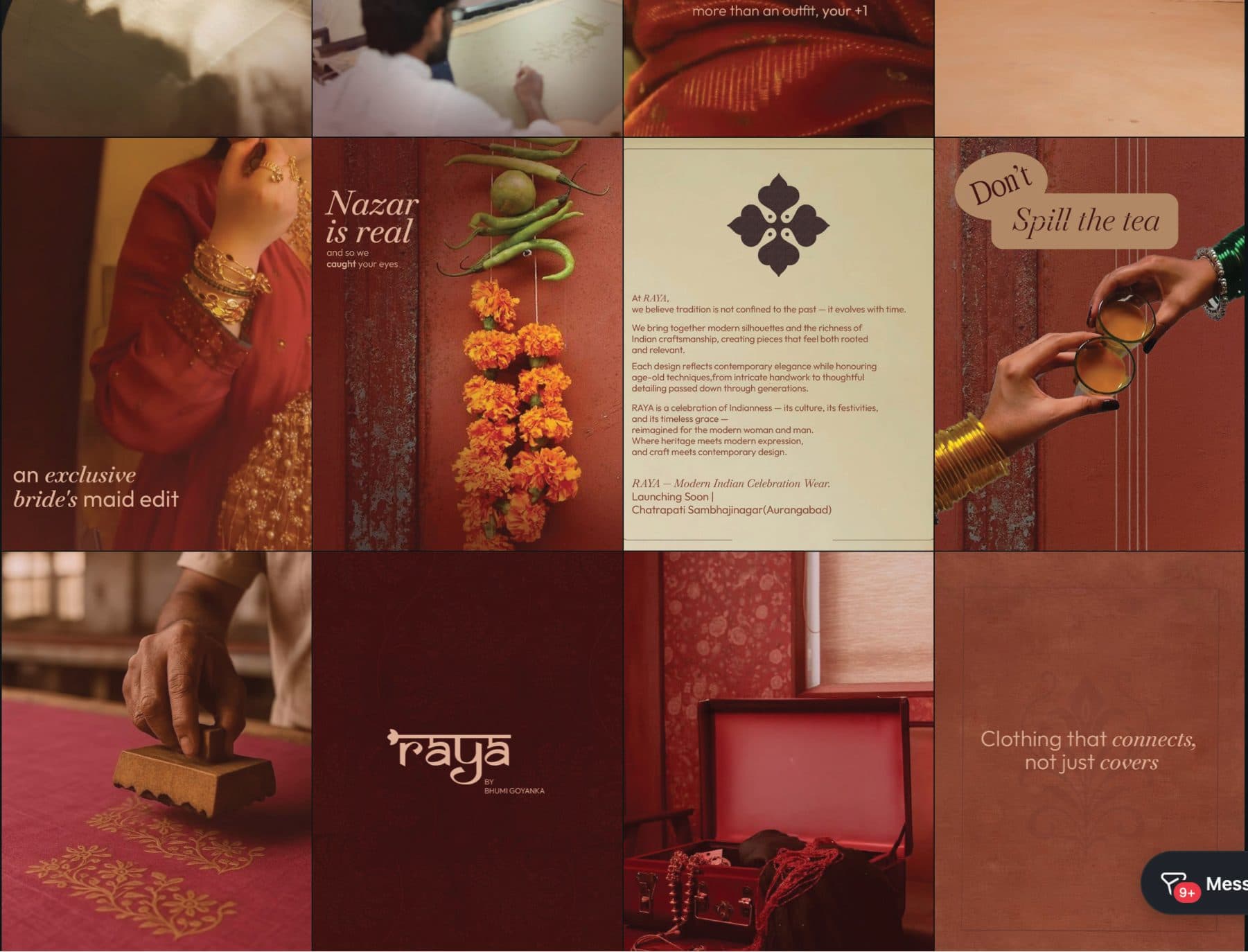 The Raya Instagram grid in reds and rusts: “an exclusive bride’s maid edit”, “Nazar is real”, “Don’t spill the tea”, and a block-printing stamp