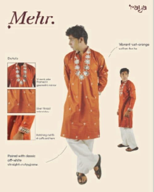 Mehr lookbook page: an orange kurta, with fabric details