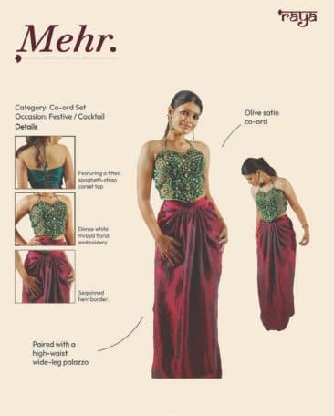 Mehr lookbook page: a green blouse and maroon skirt, with fabric details