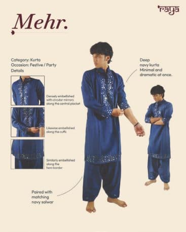 Mehr lookbook page: a blue kurta set, with fabric details
