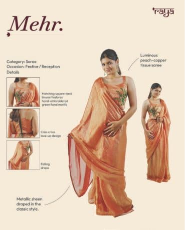 Mehr lookbook page: a peach sari, with fabric details