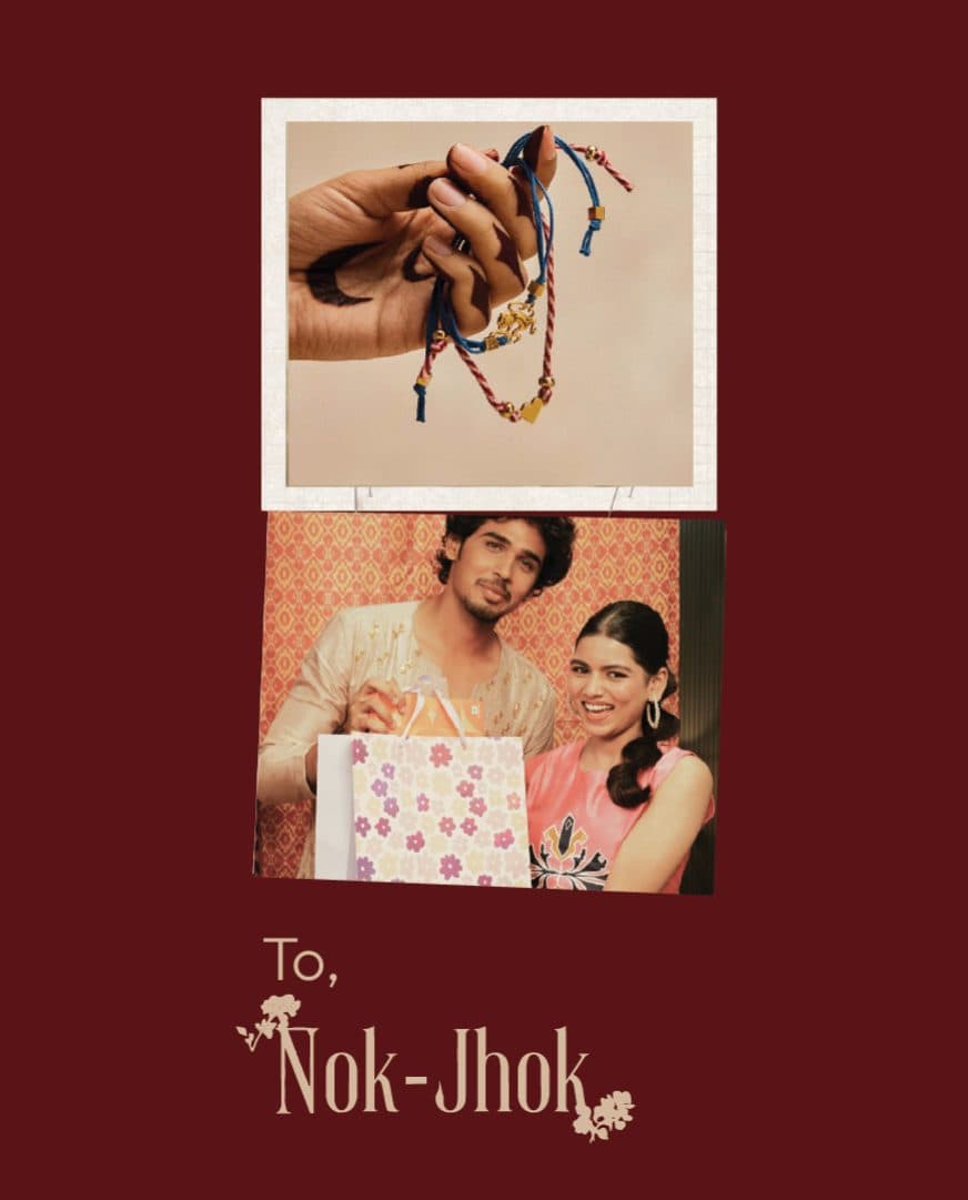 A maroon card of a rakhi and a sibling photo, addressed “To, Nok-Jhok”