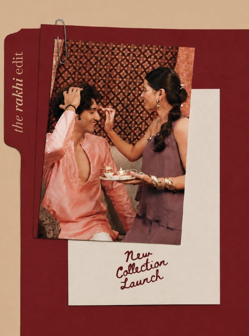A folder labelled “the rakhi edit”, holding a photo of a sister applying a tilak and a “New Collection Launch” card