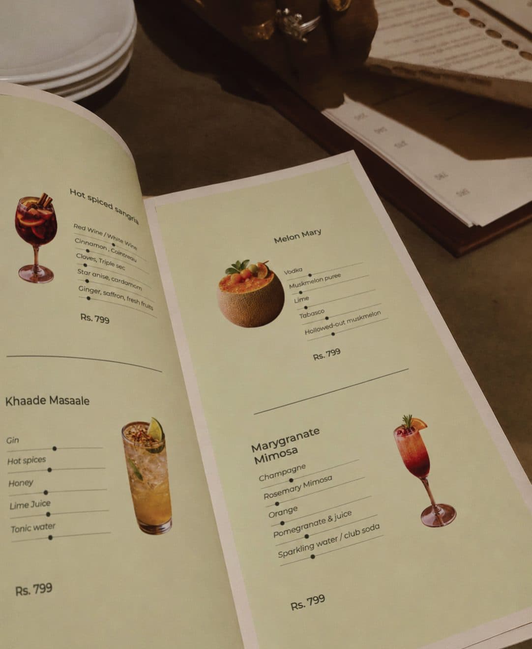 The open Surahi drinks menu, listing cocktails such as Khaade Masaale and Marygranate Mimosa
