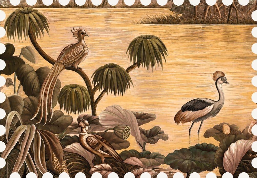 A painted mural of cranes, pheasants and palms by the water, framed as a postage stamp