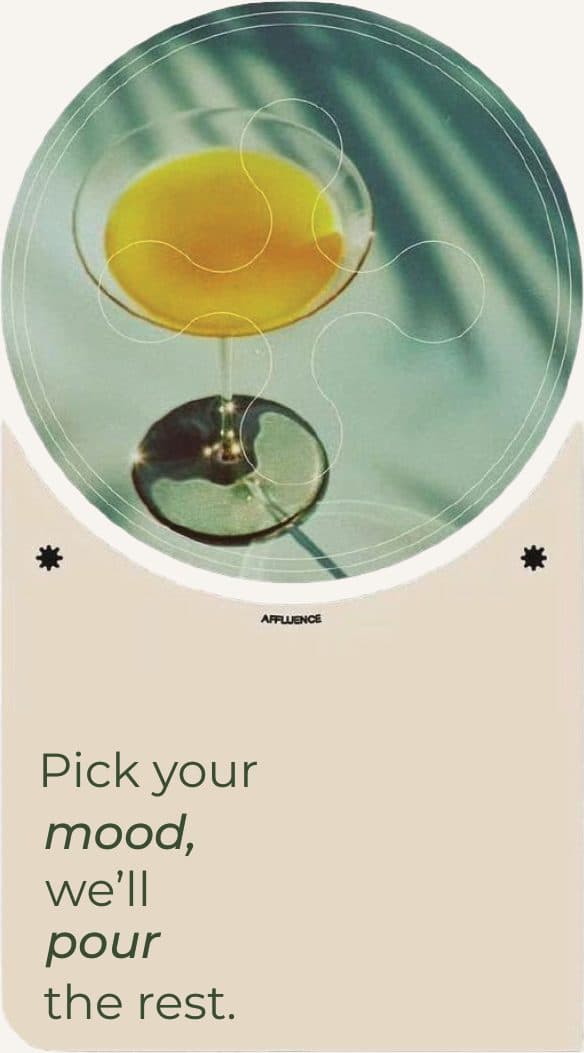 A cocktail card: a coupe of orange liqueur above the line “Pick your mood, we’ll pour the rest.”