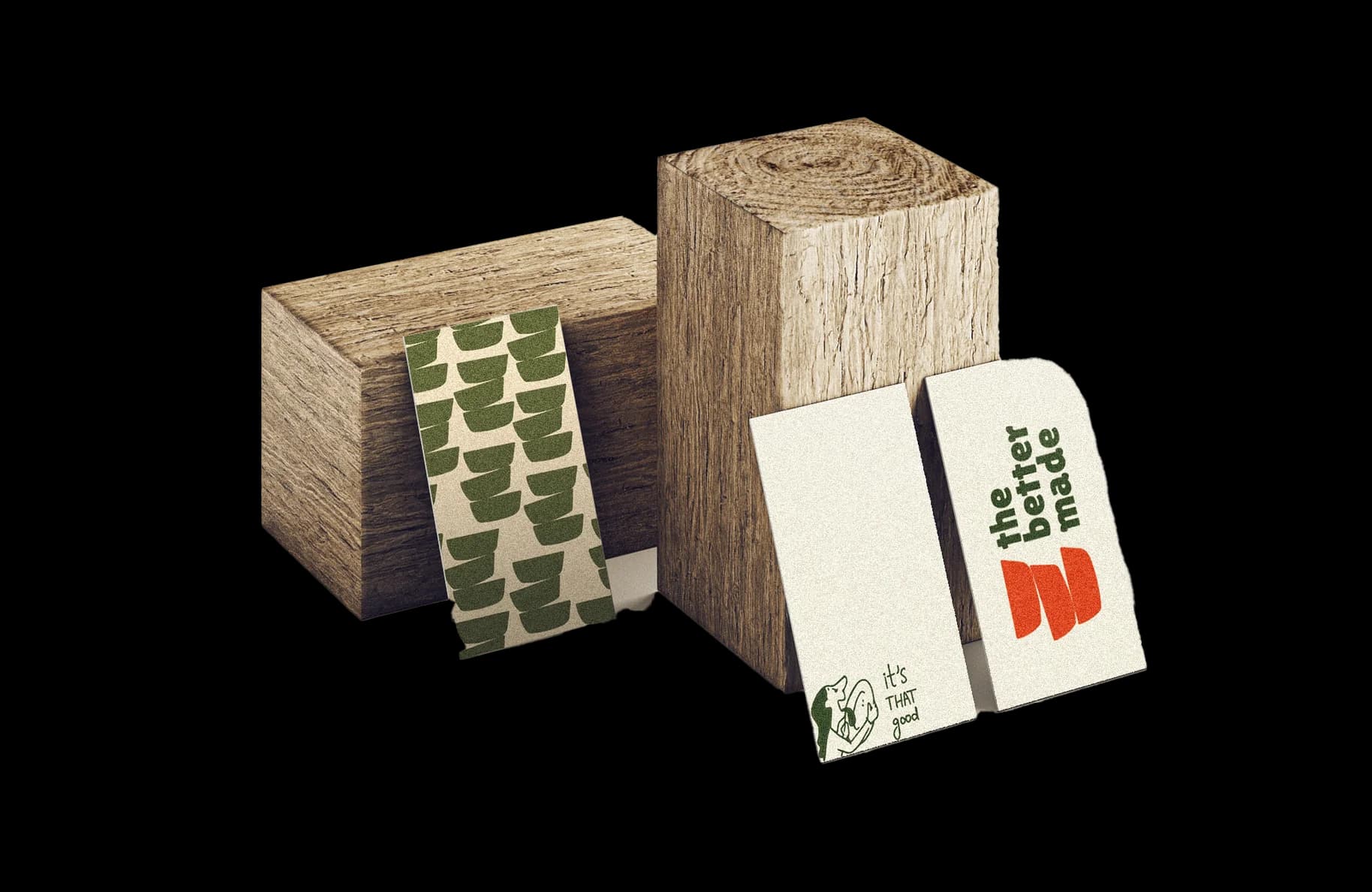 Wooden blocks with a wrap in the logomark pattern, and two tags carrying the logo and “it’s THAT good”