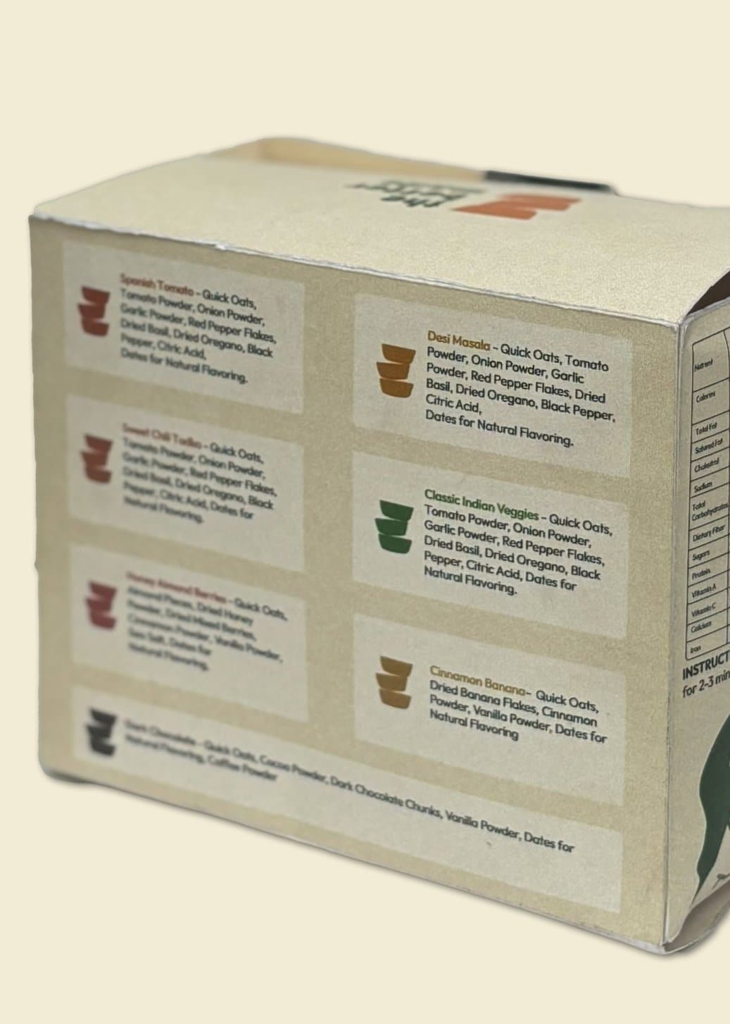 The back of the box, listing what goes into each of its seven flavours