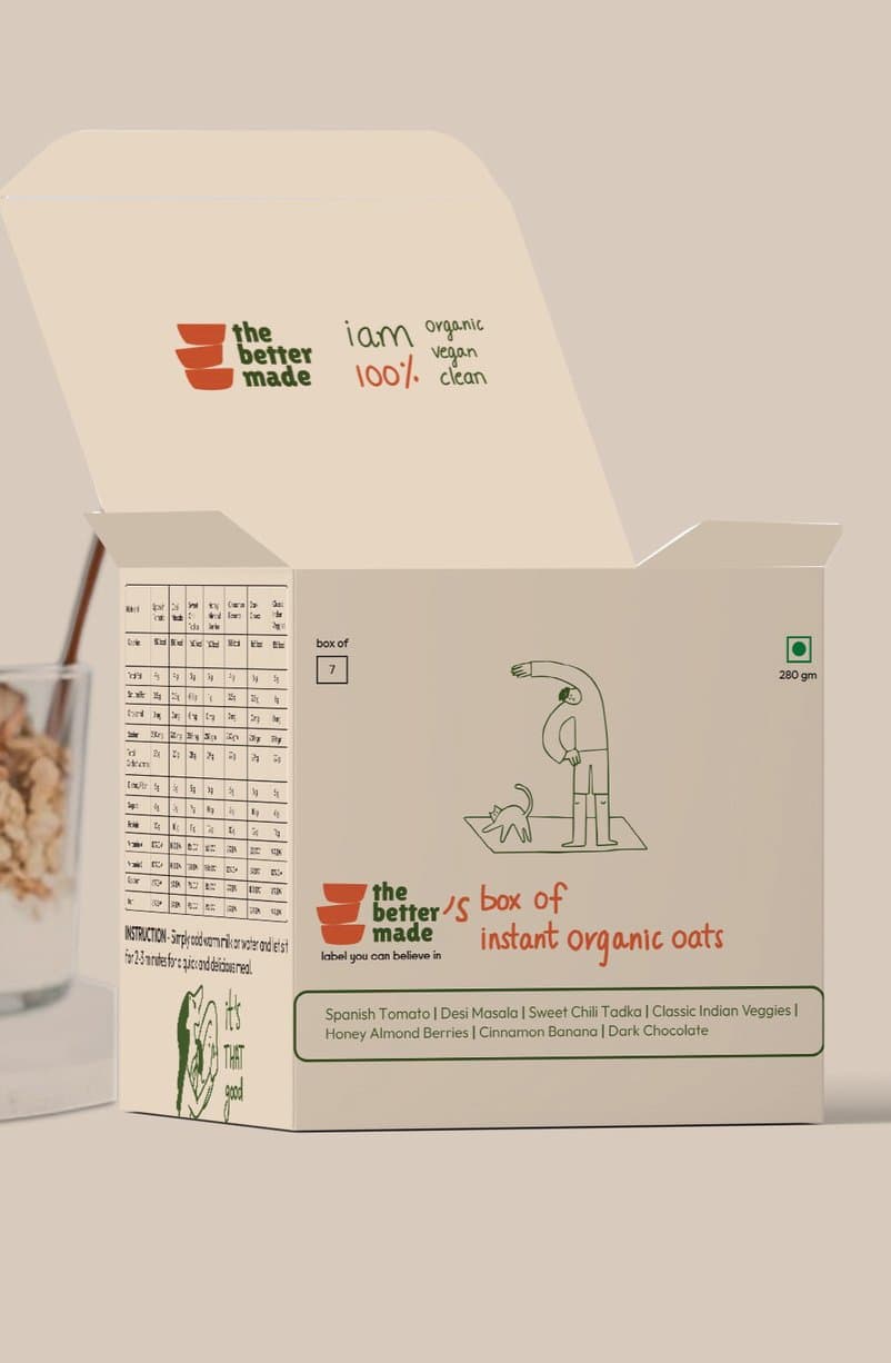 An open Better Made box of instant organic oats, with a line drawing on its side